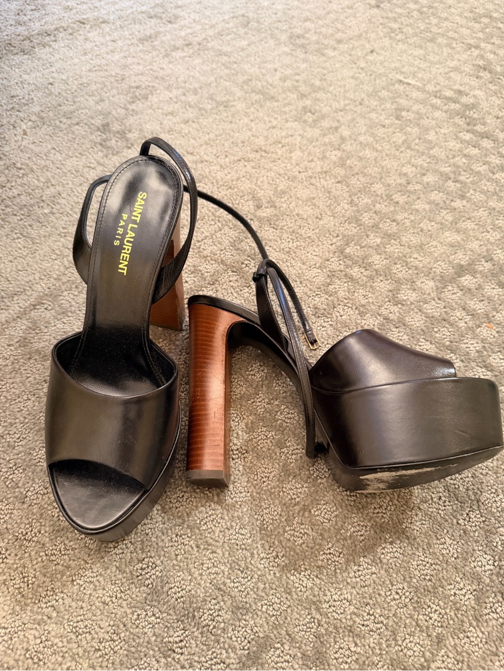 Saint Laurent Black Leather Platform Slingback Heels with Brown Stacked Heel